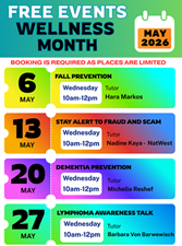 May/June 2026 Wellness Month at RWC. A range of talks and workshops to attend.
