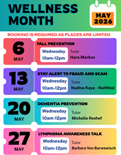 May/June 2026 Wellness Month at RWC. A range of talks and workshops to attend.