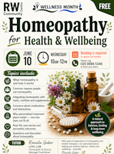 Poster for homeopathy for health & wellbeing talk Wed 10 June as part of our Wellness months programme 2026