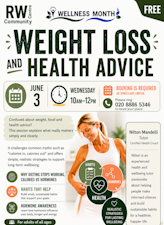 Poster for our weight loss and health advice talk on Wednesday 3 June as part of our Wellness months programme 2026