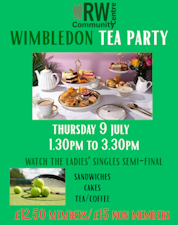 Link to poster for Wimbledon tea party 9 July 2026 at Ruth Winston Centre