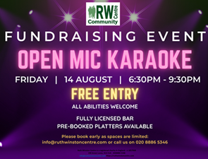 Link to poster for the Karaoke fundraising event at Ruth Winston Centre on 14 August 2026