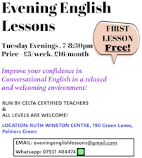 Link to a poster for English classes held on Tuesday evenings. Provides times and booking details.
