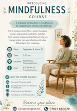 Link to a poster for Mindfulness classes with dates, times and booking details.